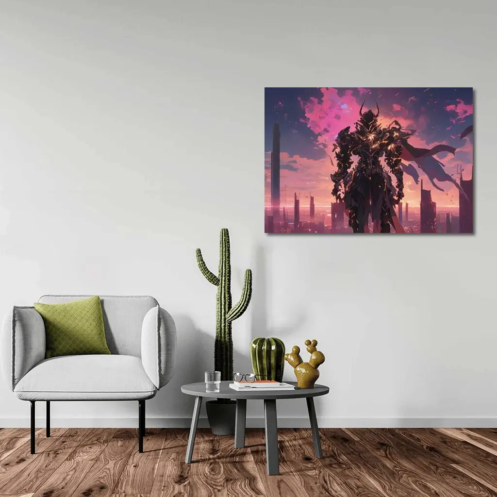 Dark Armored Warrior Anime Futuristic City Sunset – Wall Art