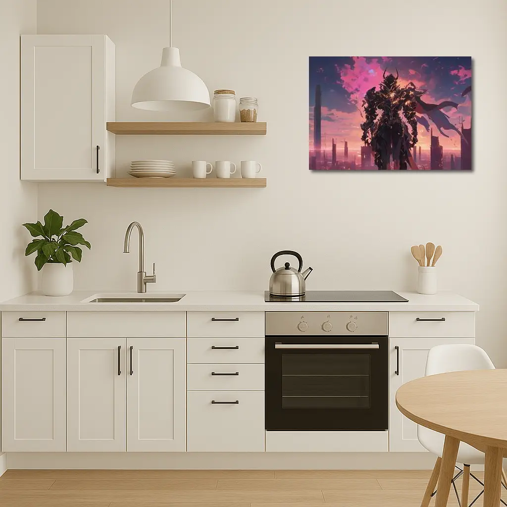 Dark Armored Warrior Anime Futuristic City Sunset – Wall Art