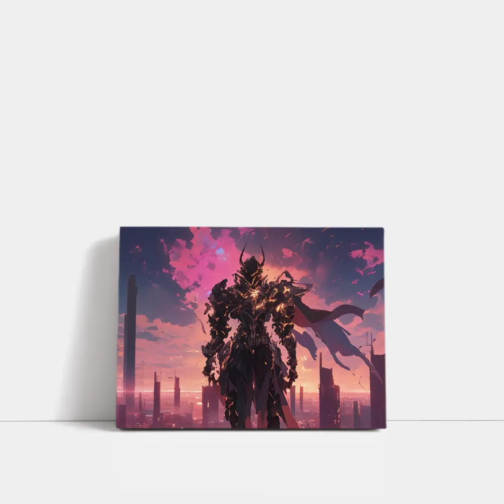 Dark Armored Warrior Anime Futuristic City Sunset – Wall Art