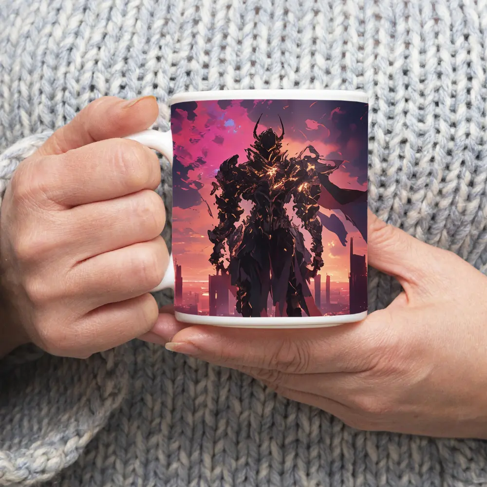 Dark Armored Warrior Anime Futuristic City Sunset – Mugs