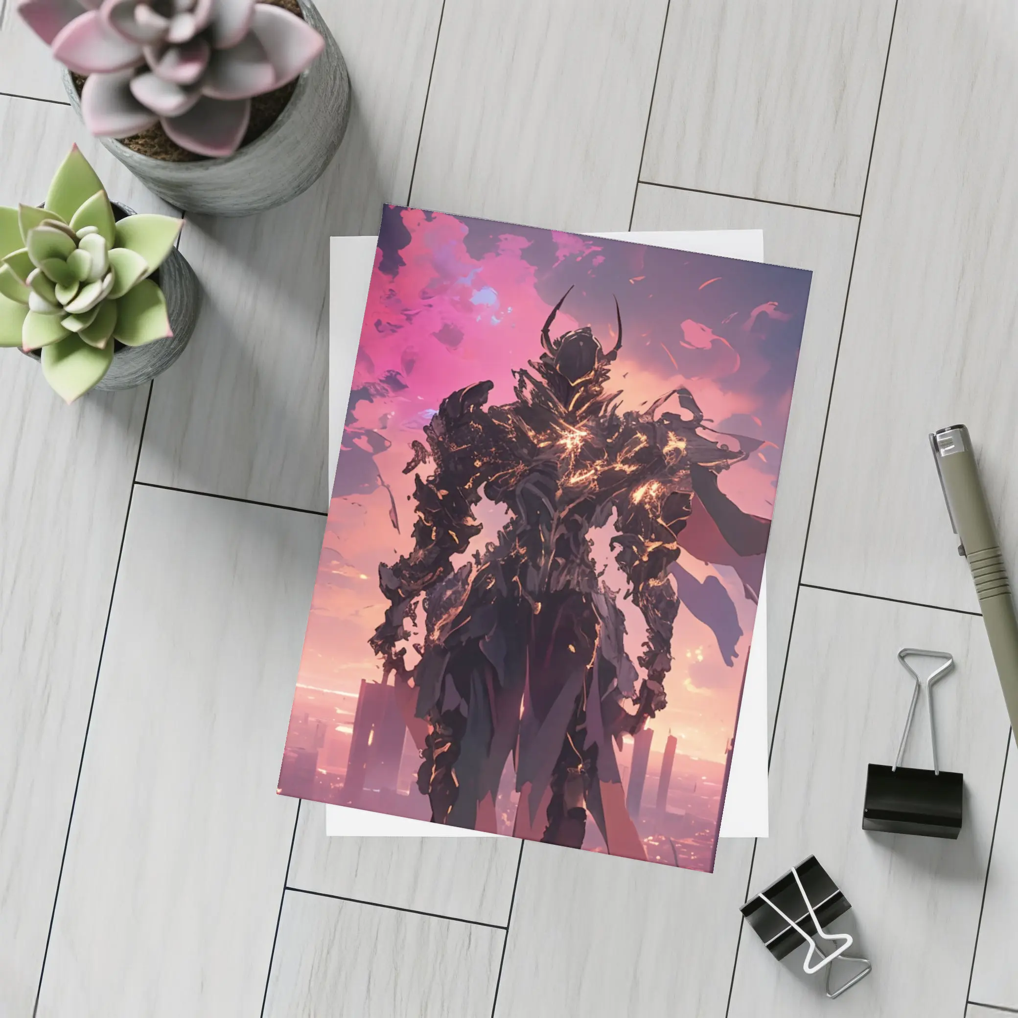 Dark Armored Warrior Anime Futuristic City Sunset – Postcards