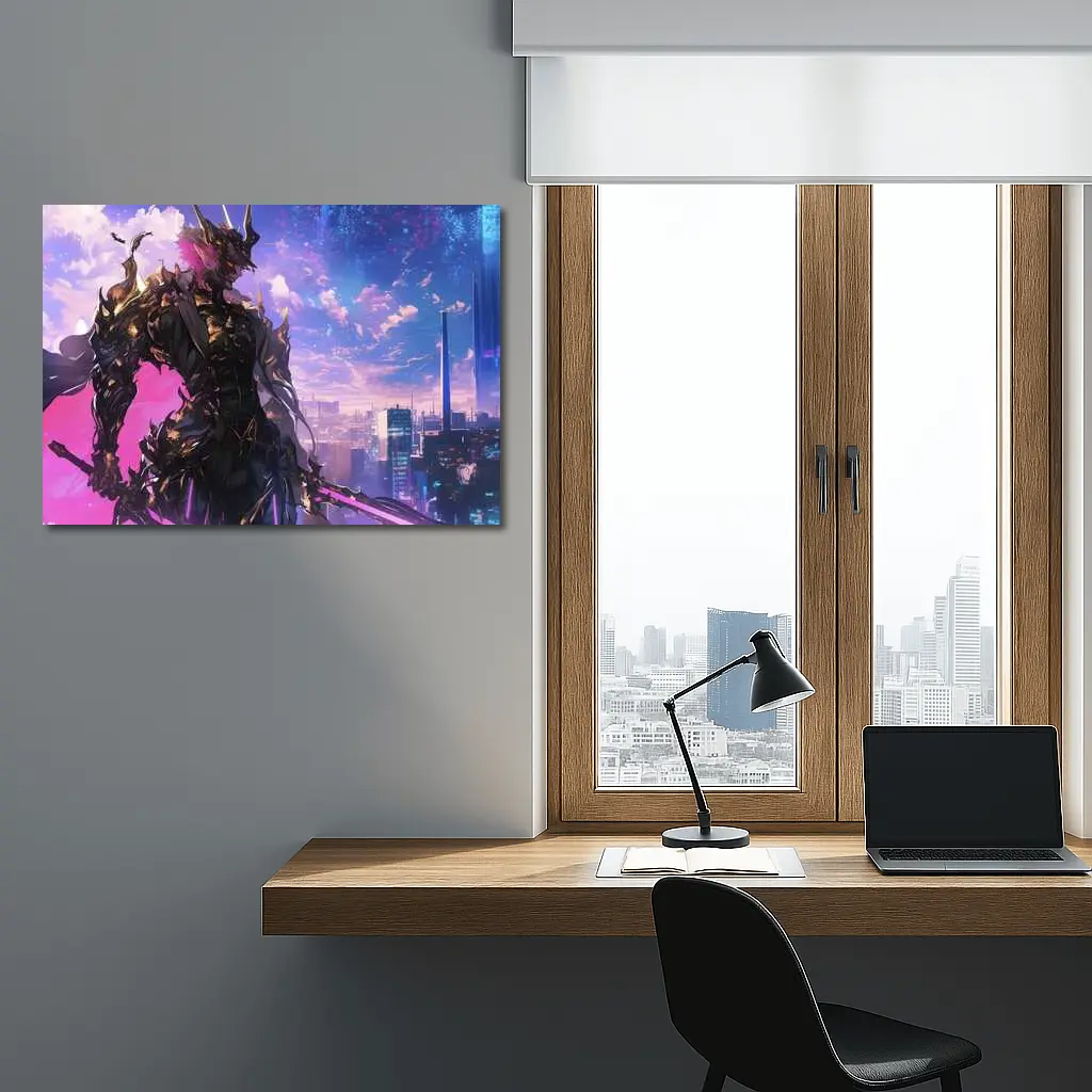 Anime Dark Knight Over Neon Cyberpunk City – Wall Art