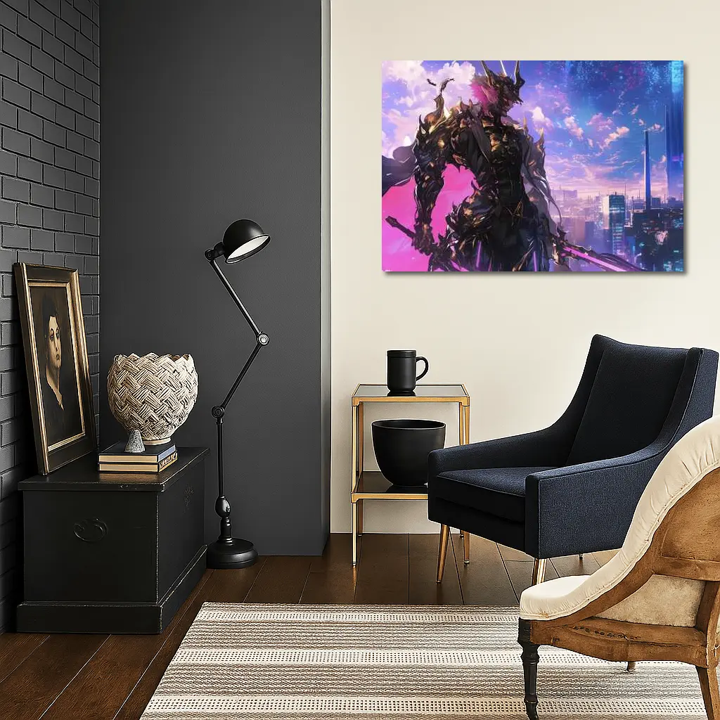 Anime Dark Knight Over Neon Cyberpunk City – Wall Art
