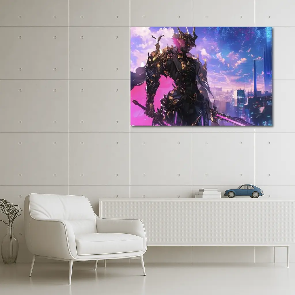 Anime Dark Knight Over Neon Cyberpunk City – Wall Art
