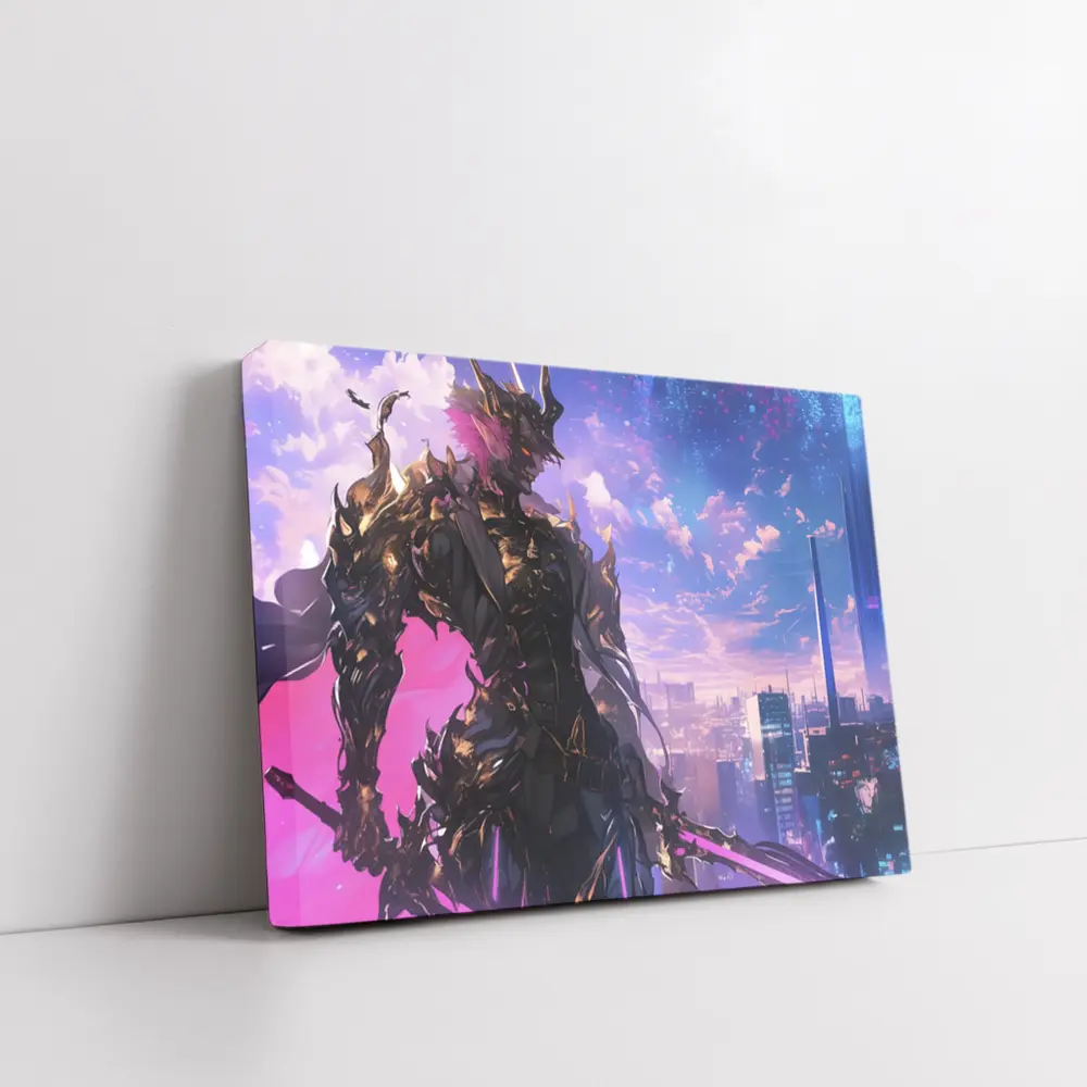 Anime Dark Knight Over Neon Cyberpunk City – Wall Art