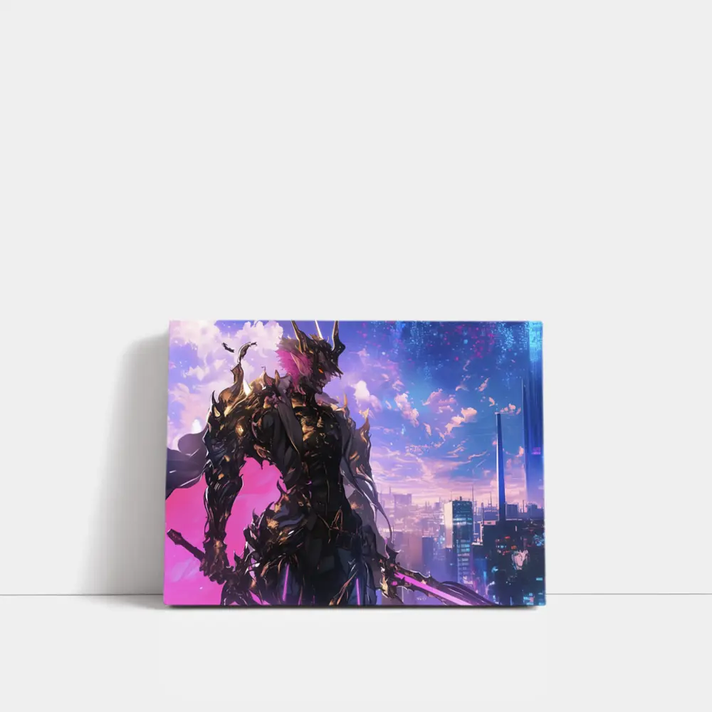 Anime Dark Knight Over Neon Cyberpunk City – Wall Art