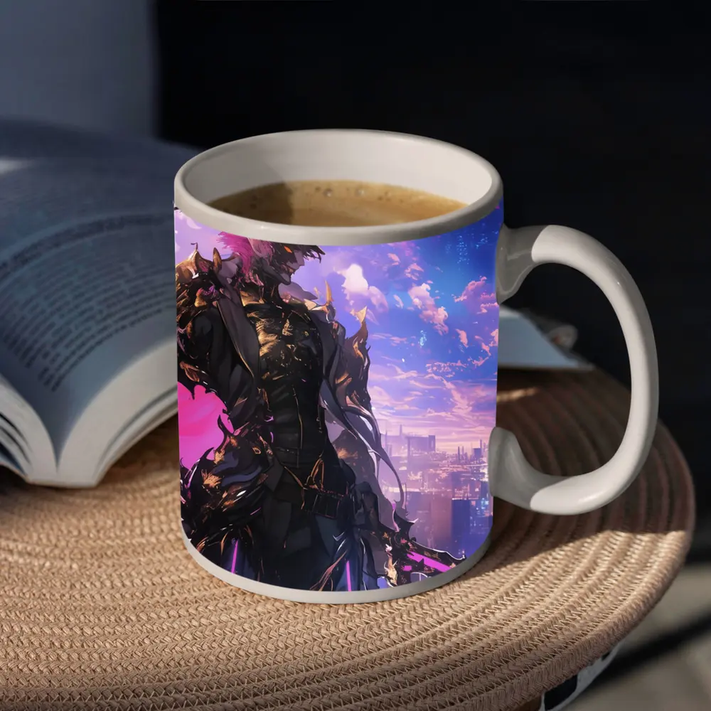 Anime Dark Knight Over Neon Cyberpunk City – Mugs