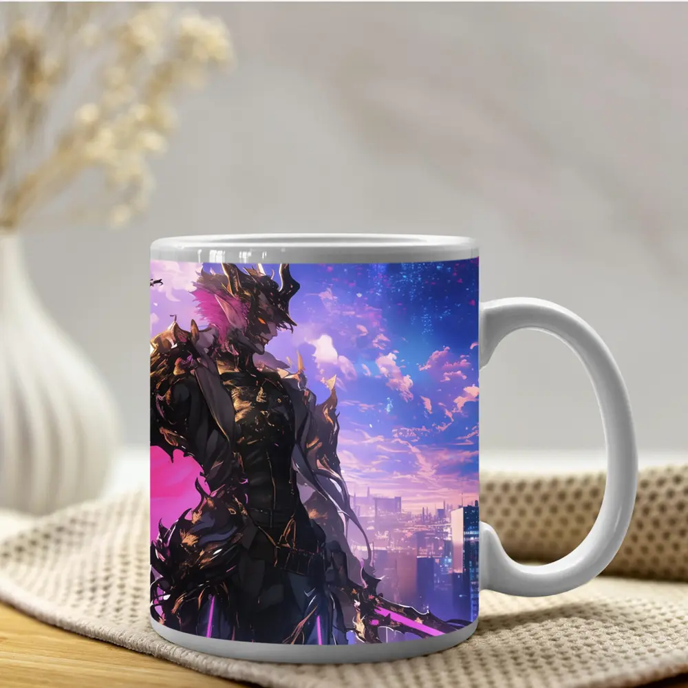 Anime Dark Knight Over Neon Cyberpunk City – Mugs