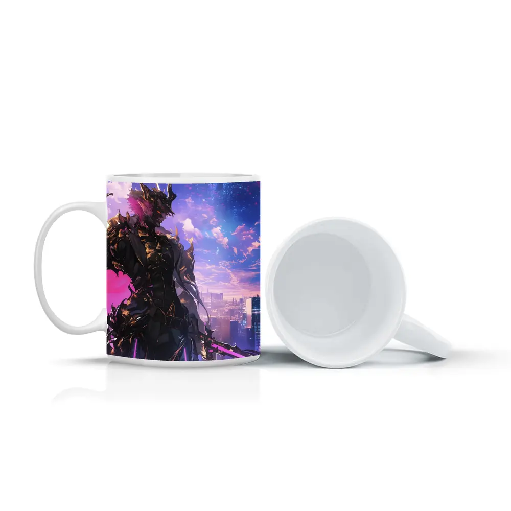 Anime Dark Knight Over Neon Cyberpunk City – Mugs