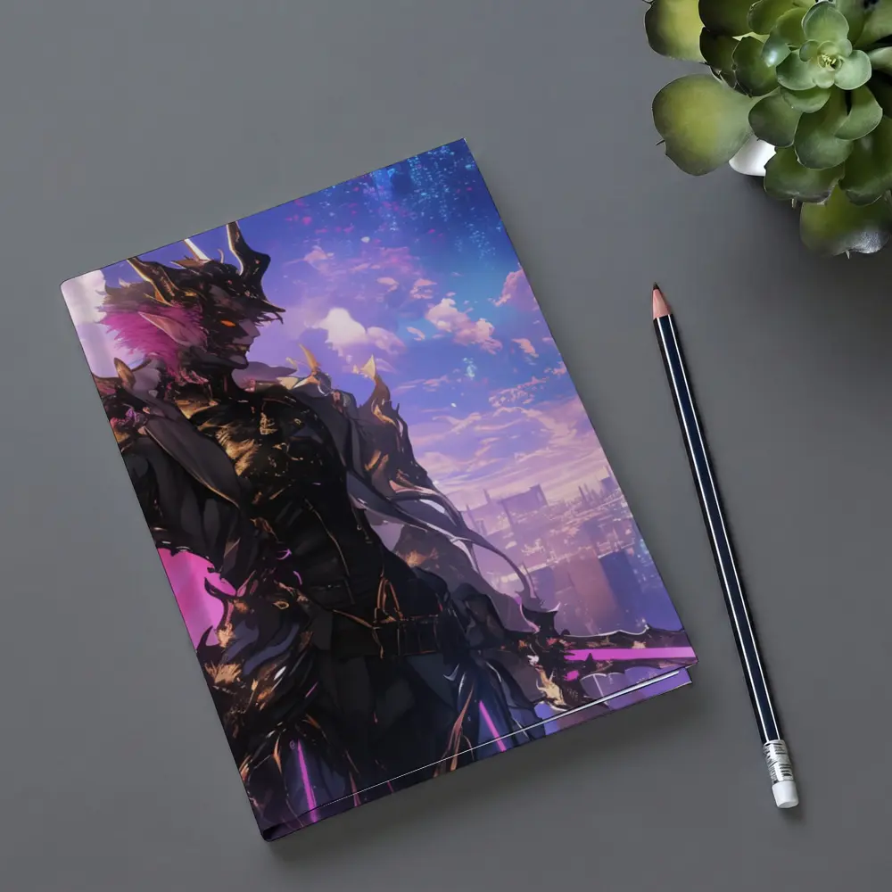 Anime Dark Knight Over Neon Cyberpunk City – Notebooks