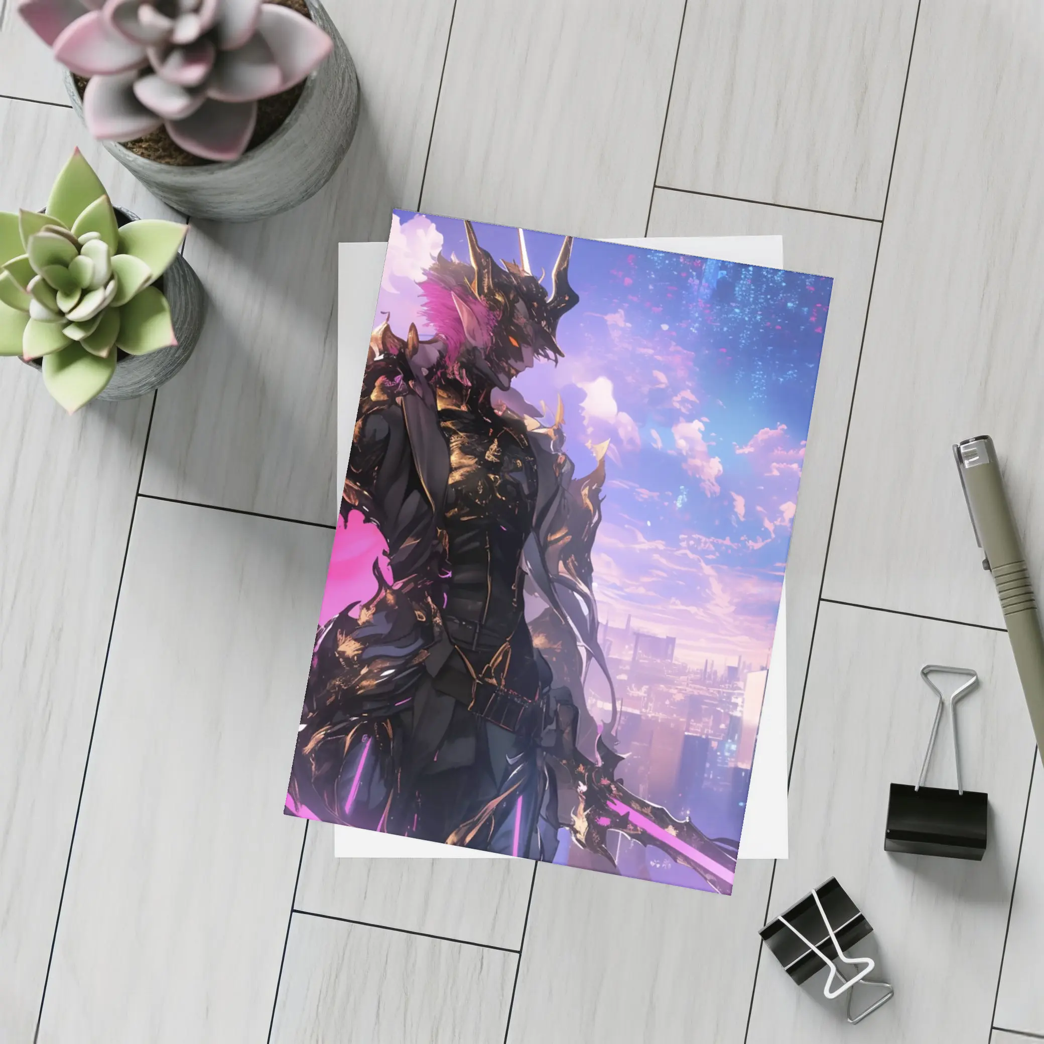Anime Dark Knight Over Neon Cyberpunk City – Postcards