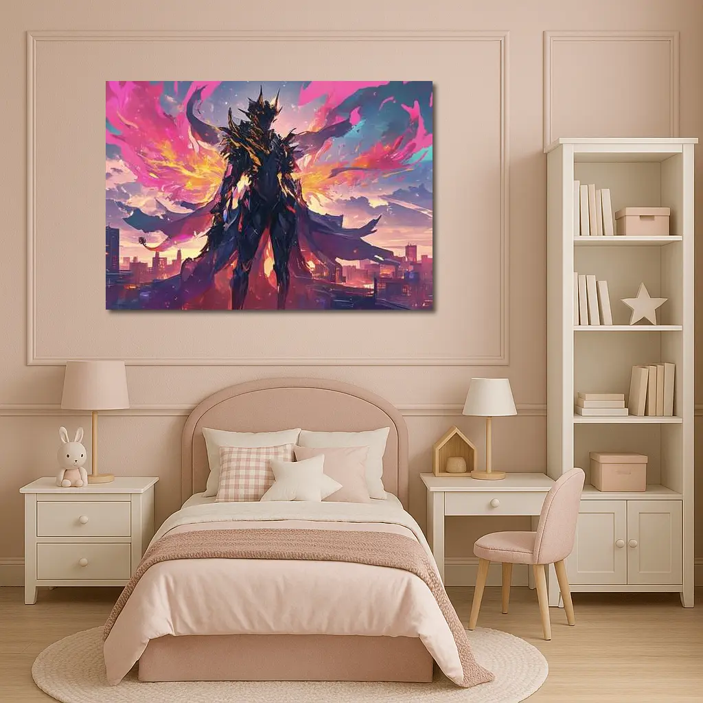 Dark Armored Warrior Anime City Sunset – Wall Art