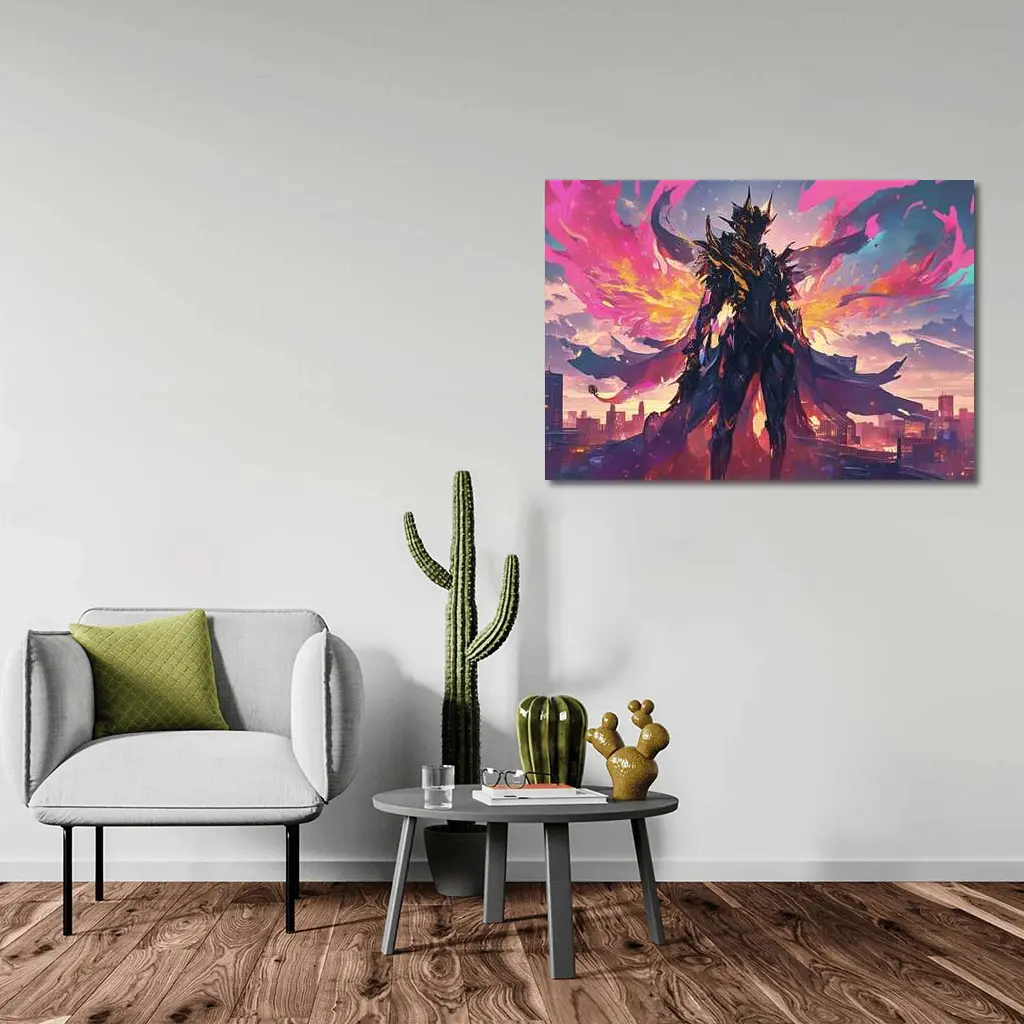 Dark Armored Warrior Anime City Sunset – Wall Art