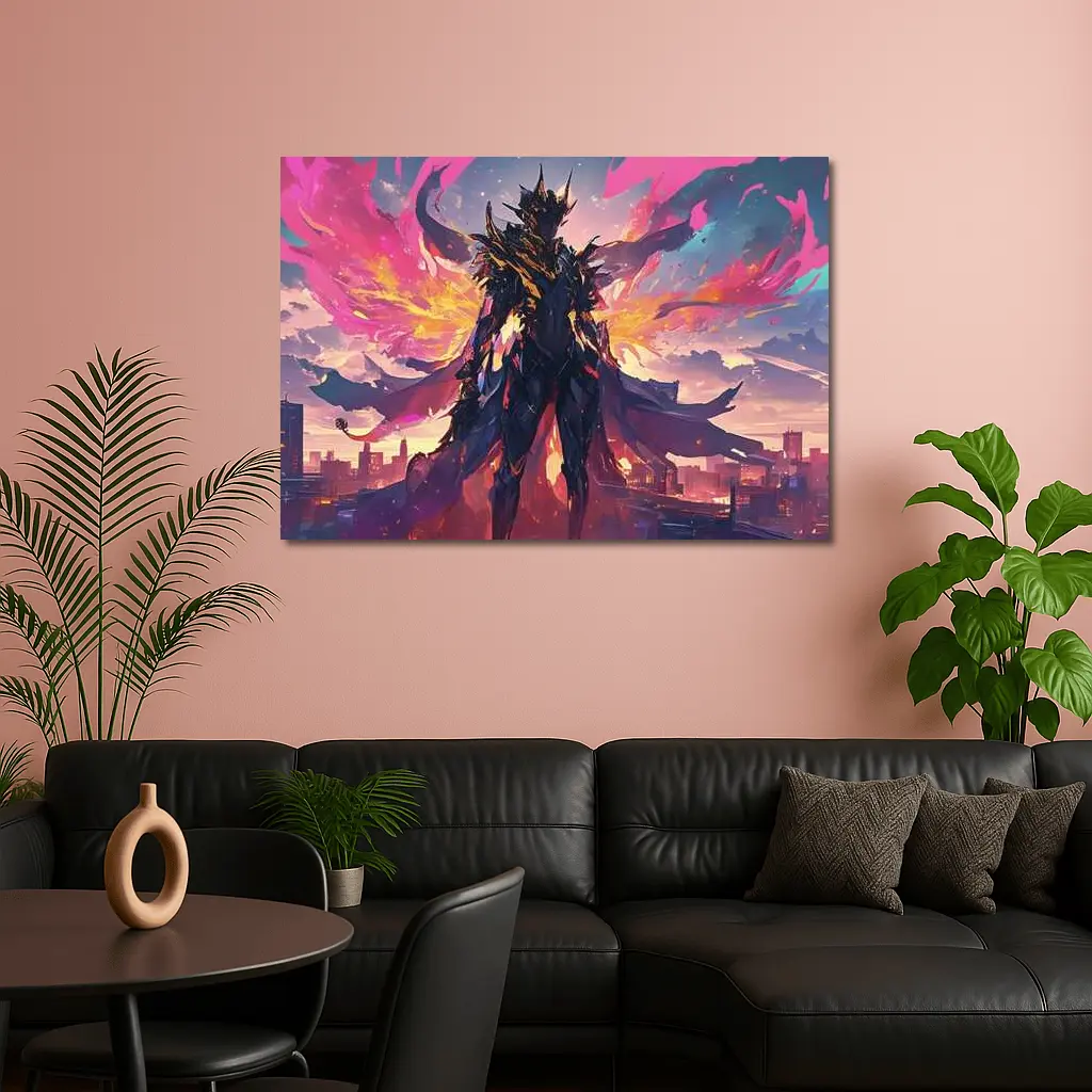 Dark Armored Warrior Anime City Sunset – Wall Art