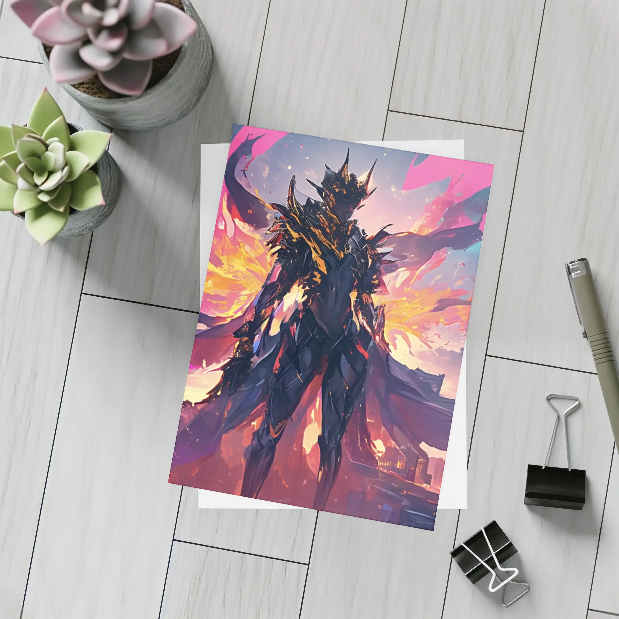Dark Armored Warrior Anime City Sunset – Postcards