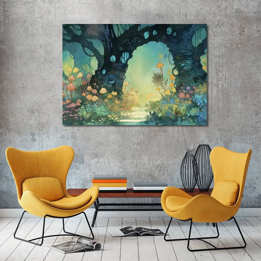 Watercolor Fantasy Forest Mushroom Garden Art – Wall Art