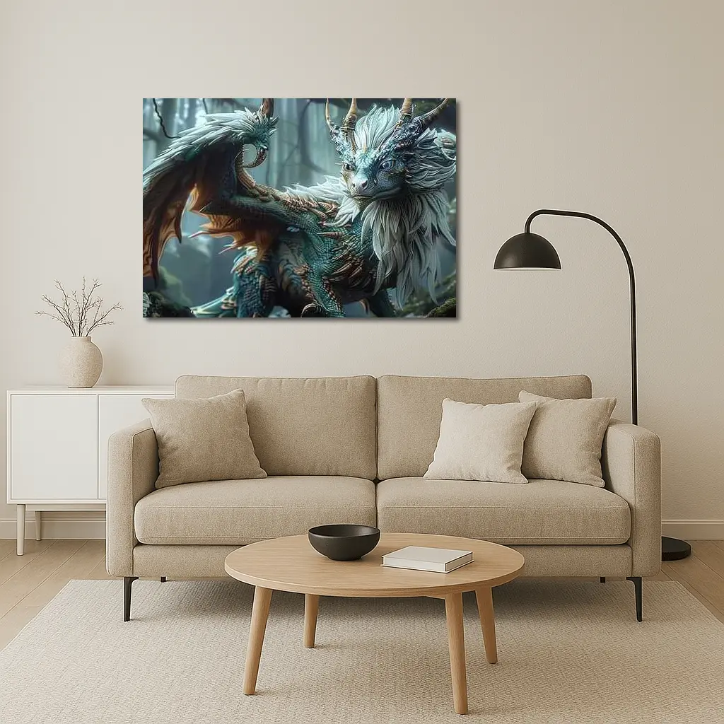 Blue Dragon With Feathers In Misty Forest – Wall Art