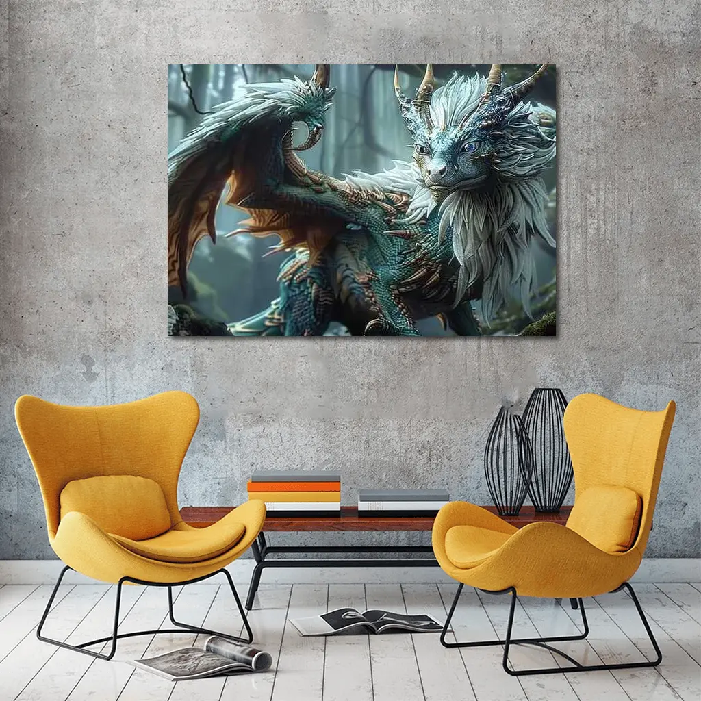 Blue Dragon With Feathers In Misty Forest – Wall Art