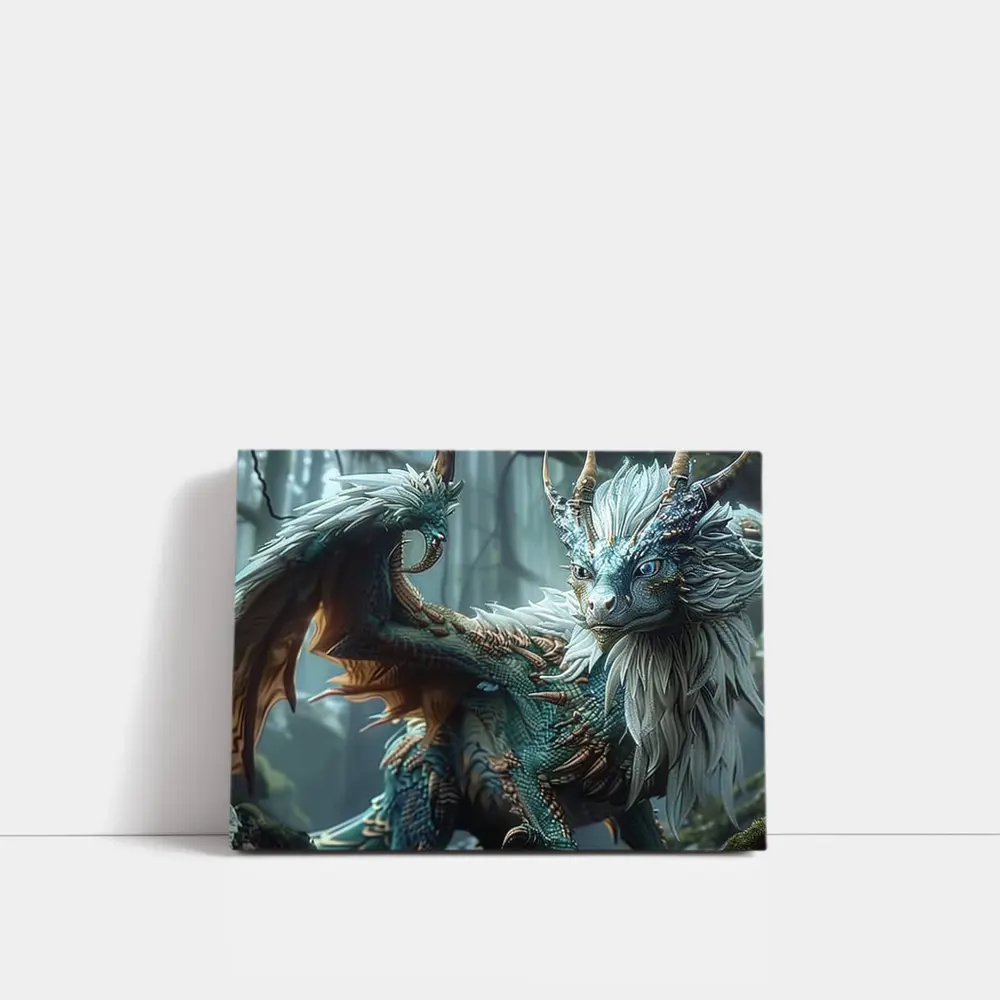 Blue Dragon With Feathers In Misty Forest – Wall Art