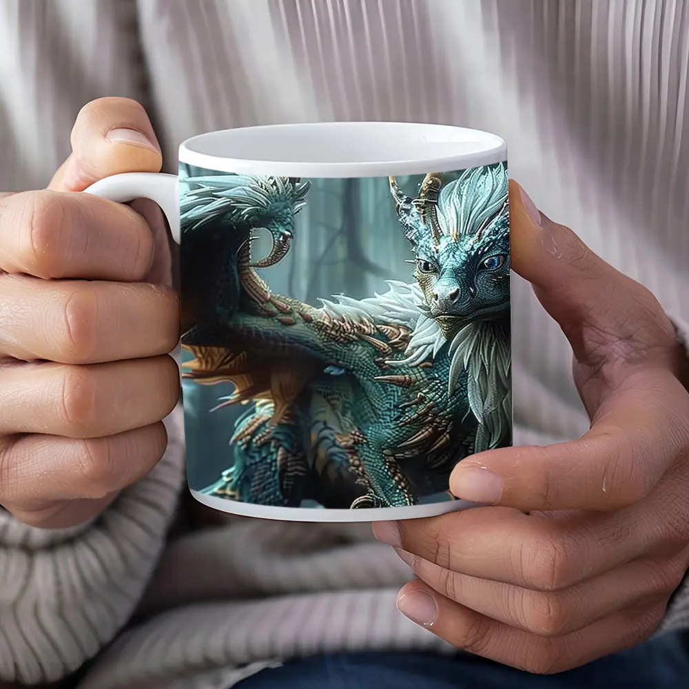 Blue Dragon With Feathers In Misty Forest – Mugs