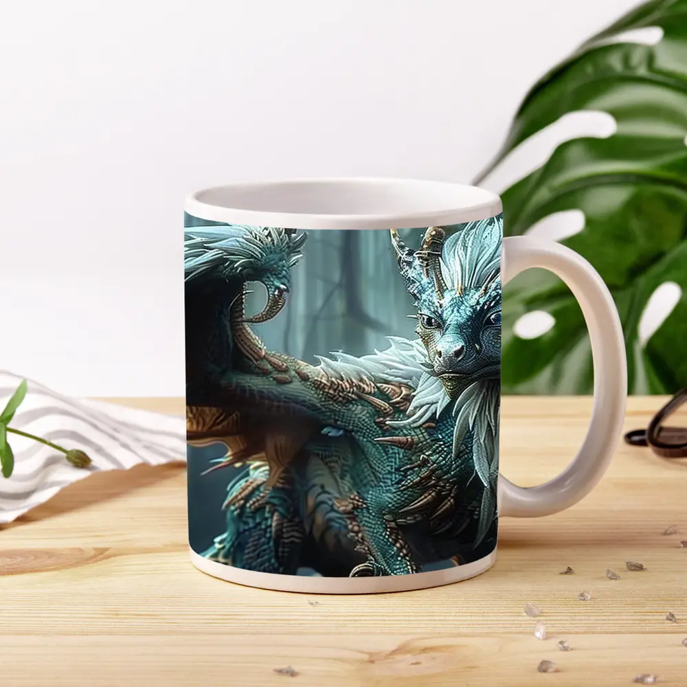Blue Dragon With Feathers In Misty Forest – Mugs
