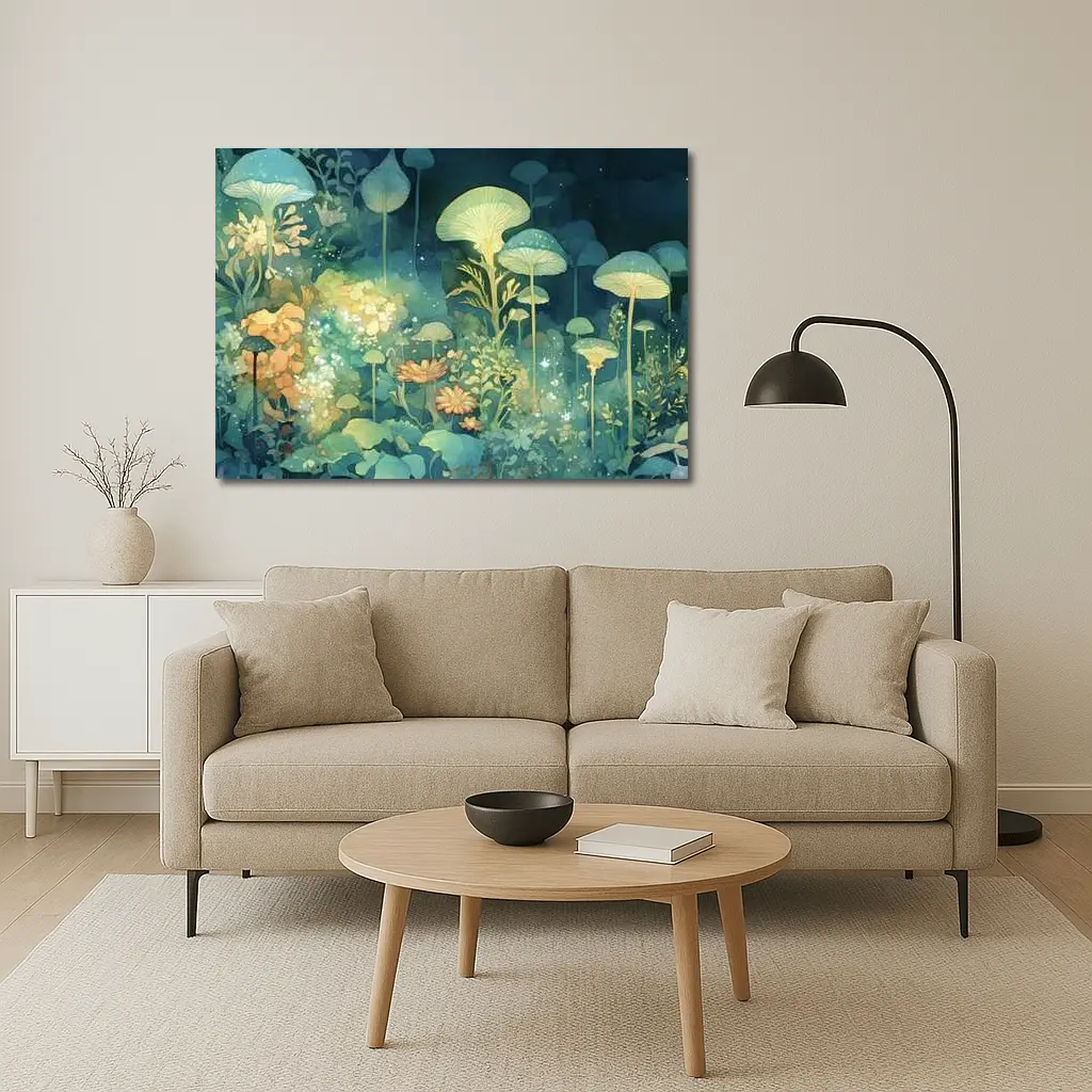 Glowing Mushrooms Fantasy Garden Watercolor Art – Wall Art