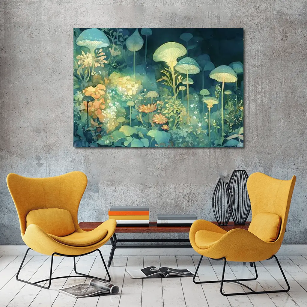 Glowing Mushrooms Fantasy Garden Watercolor Art – Wall Art