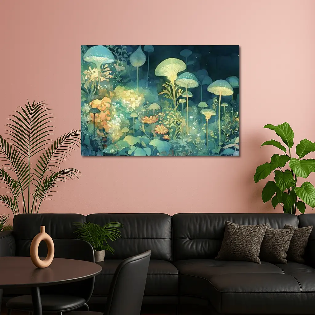 Glowing Mushrooms Fantasy Garden Watercolor Art – Wall Art