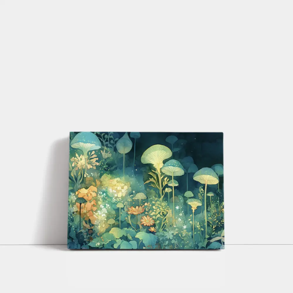 Glowing Mushrooms Fantasy Garden Watercolor Art – Wall Art