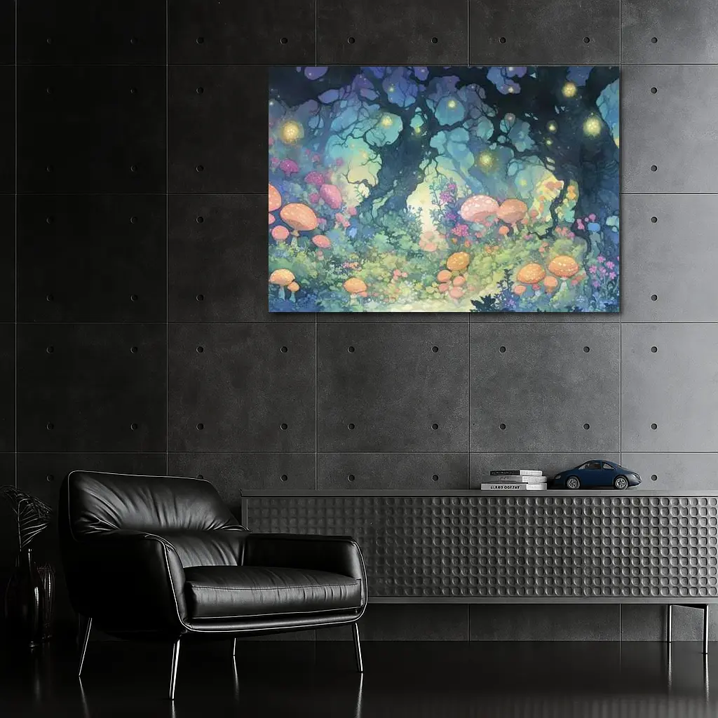 Magical Fantasy Forest Mushrooms Glowing Fireflies – Wall Art