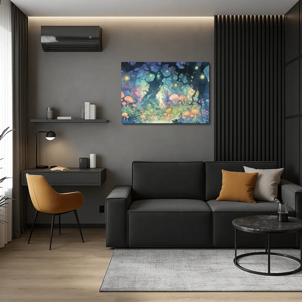 Magical Fantasy Forest Mushrooms Glowing Fireflies – Wall Art