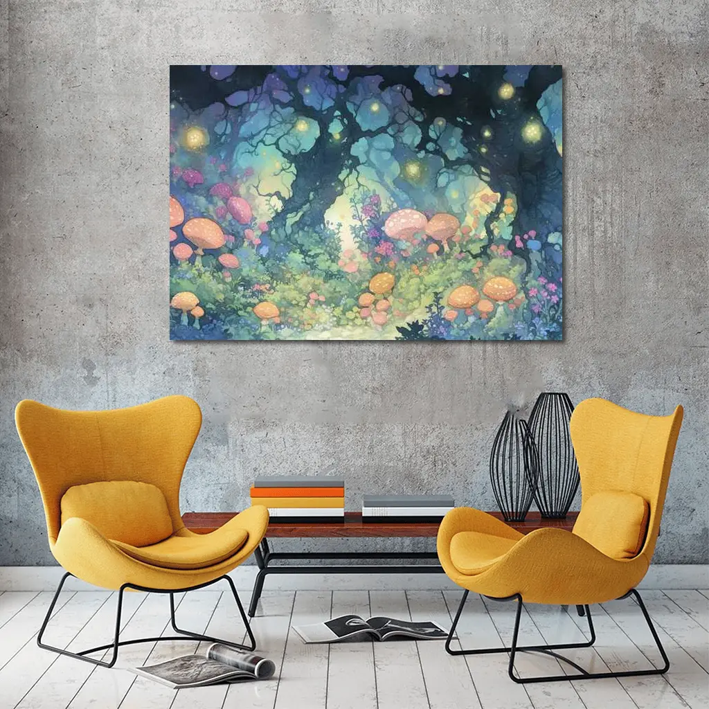 Magical Fantasy Forest Mushrooms Glowing Fireflies – Wall Art