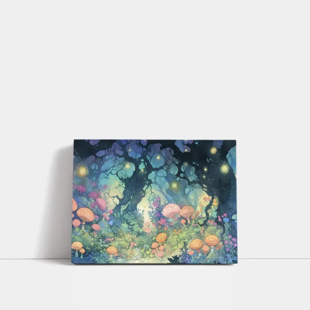 Magical Fantasy Forest Mushrooms Glowing Fireflies – Wall Art