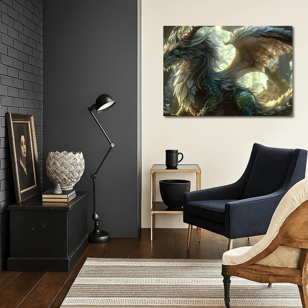 Fantasy Dragon With Feathers Forest Background – Wall Art