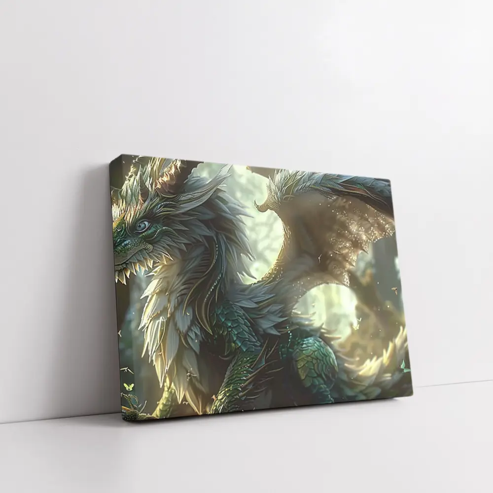 Fantasy Dragon With Feathers Forest Background – Wall Art