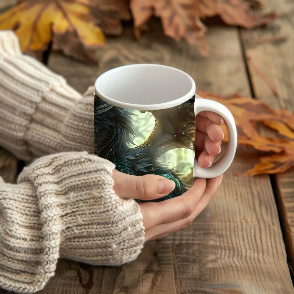 Fantasy Dragon With Feathers Forest Background – Mugs