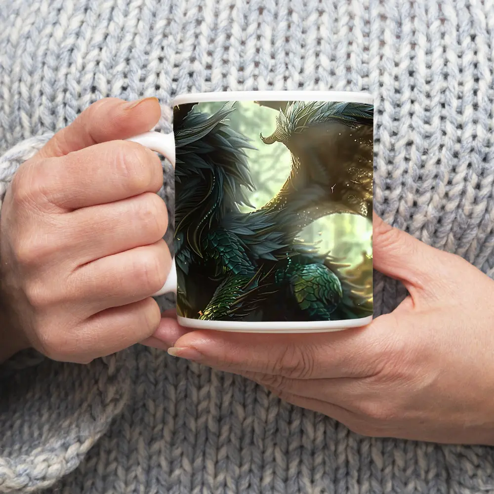 Fantasy Dragon With Feathers Forest Background – Mugs