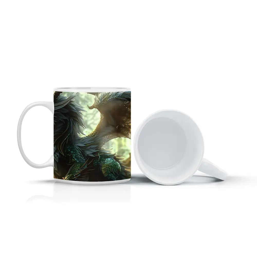 Fantasy Dragon With Feathers Forest Background – Mugs