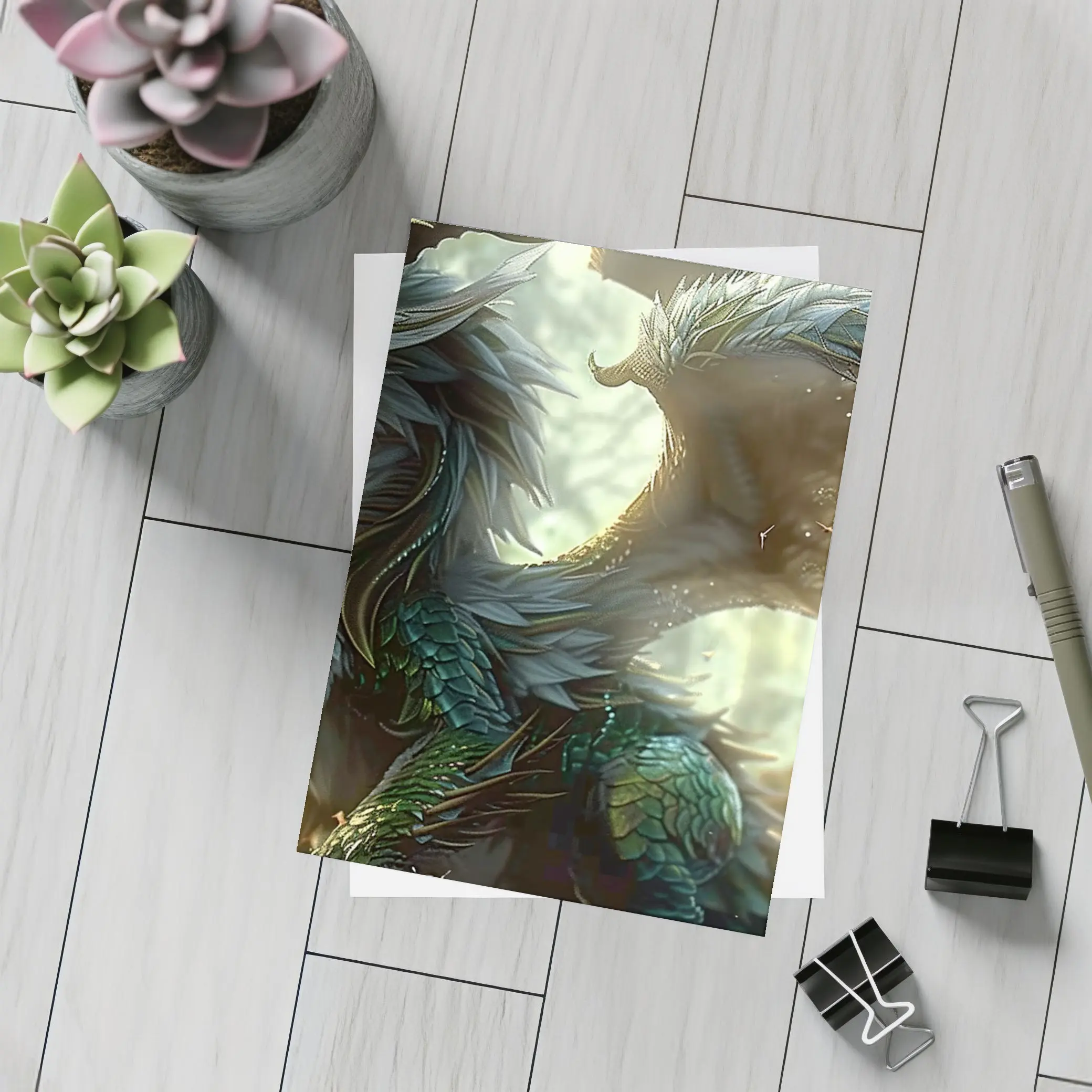 Fantasy Dragon With Feathers Forest Background – Postcards