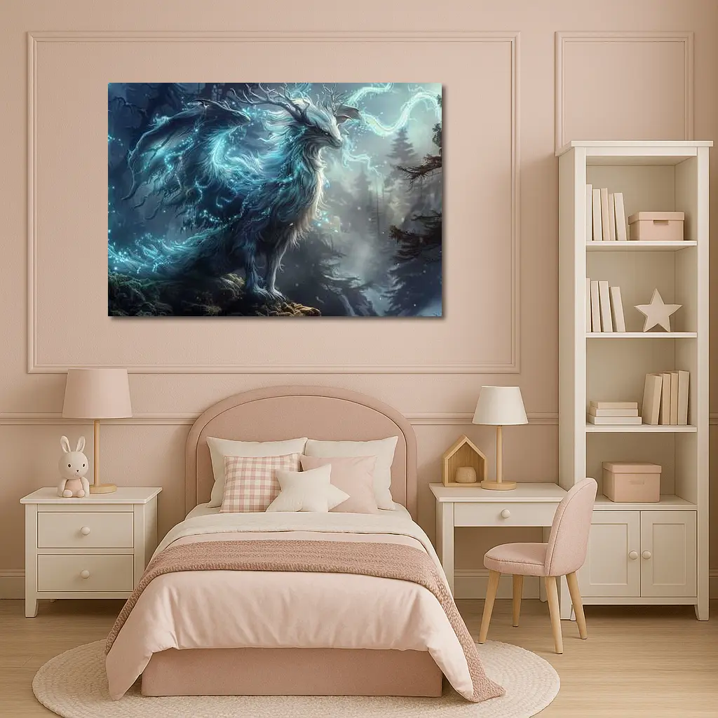 Glowing Fantasy Beast Misty Forest Art – Wall Art