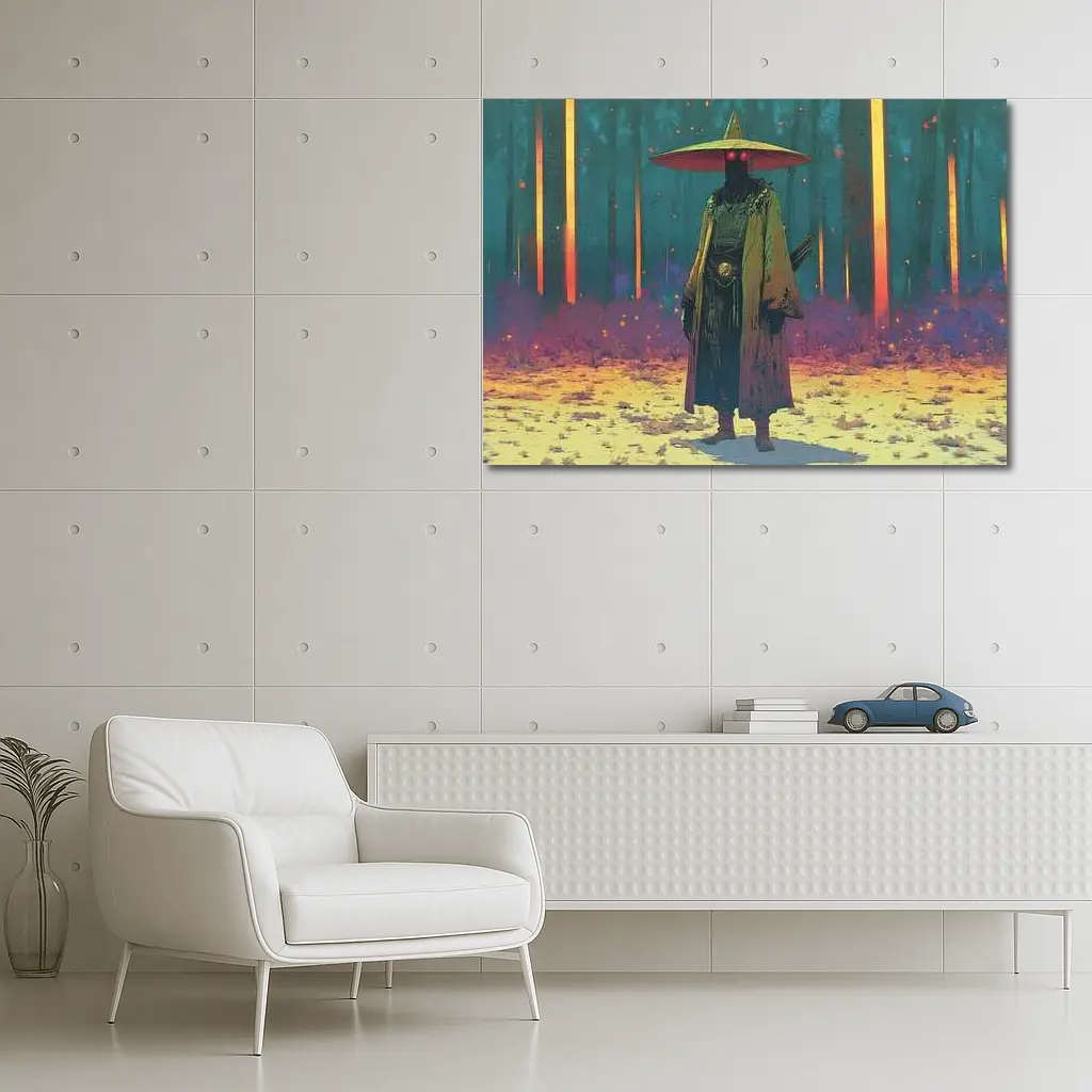 Dark Samurai Figure Glowing Forest Night – Wall Art