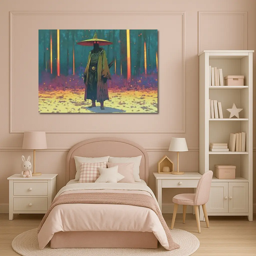 Dark Samurai Figure Glowing Forest Night – Wall Art