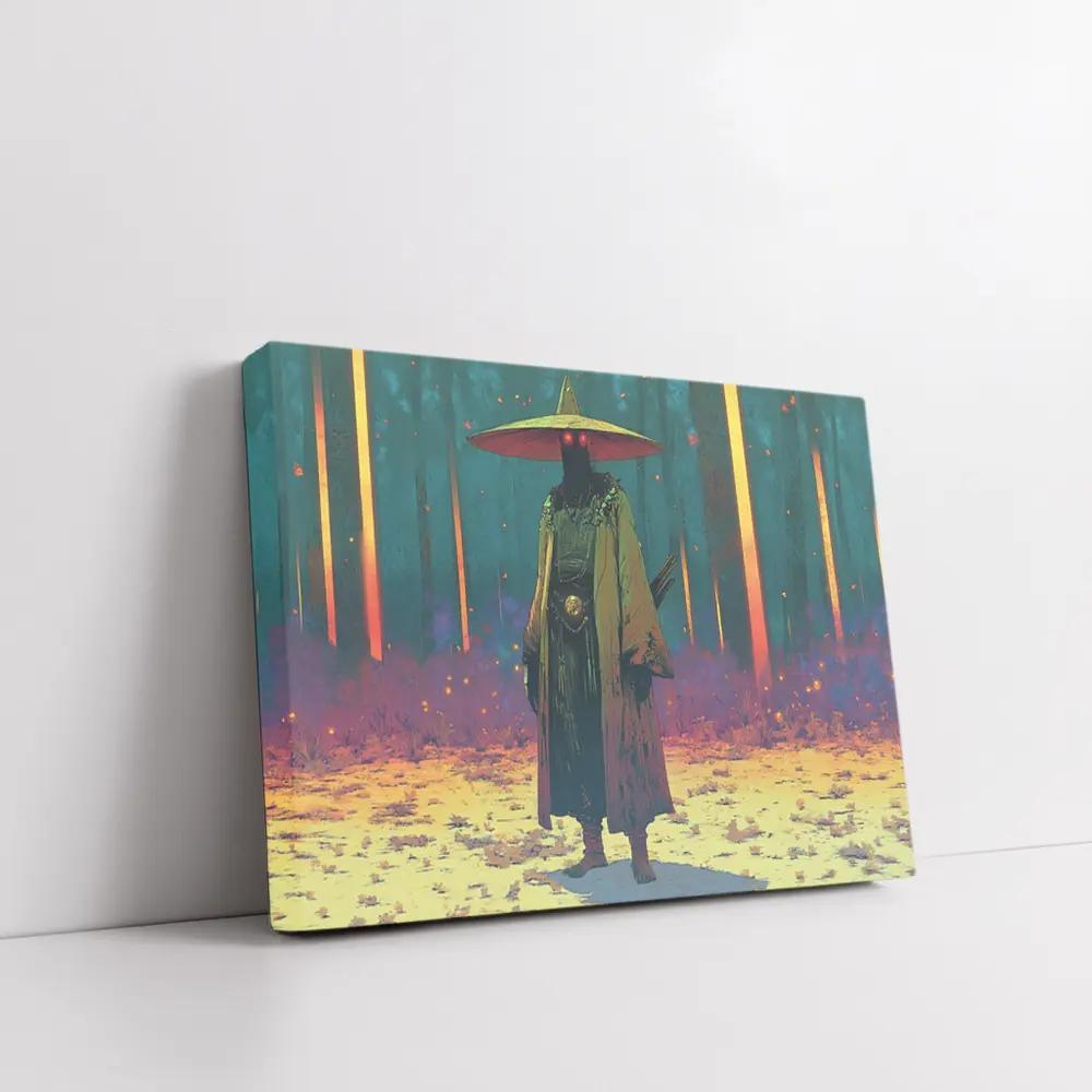 Dark Samurai Figure Glowing Forest Night – Wall Art