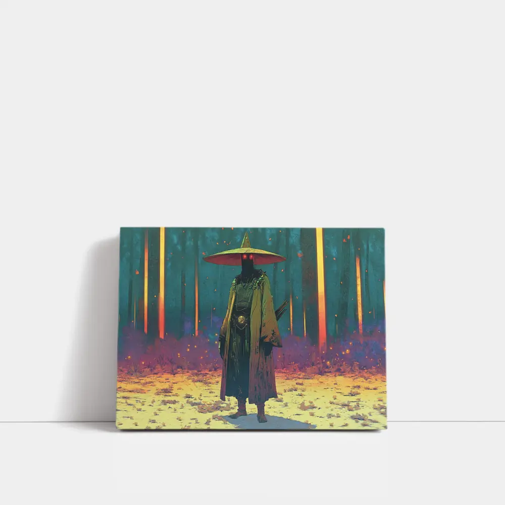 Dark Samurai Figure Glowing Forest Night – Wall Art