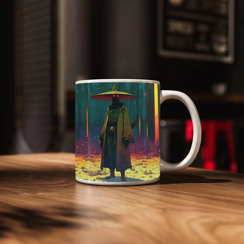 Dark Samurai Figure Glowing Forest Night – Mugs
