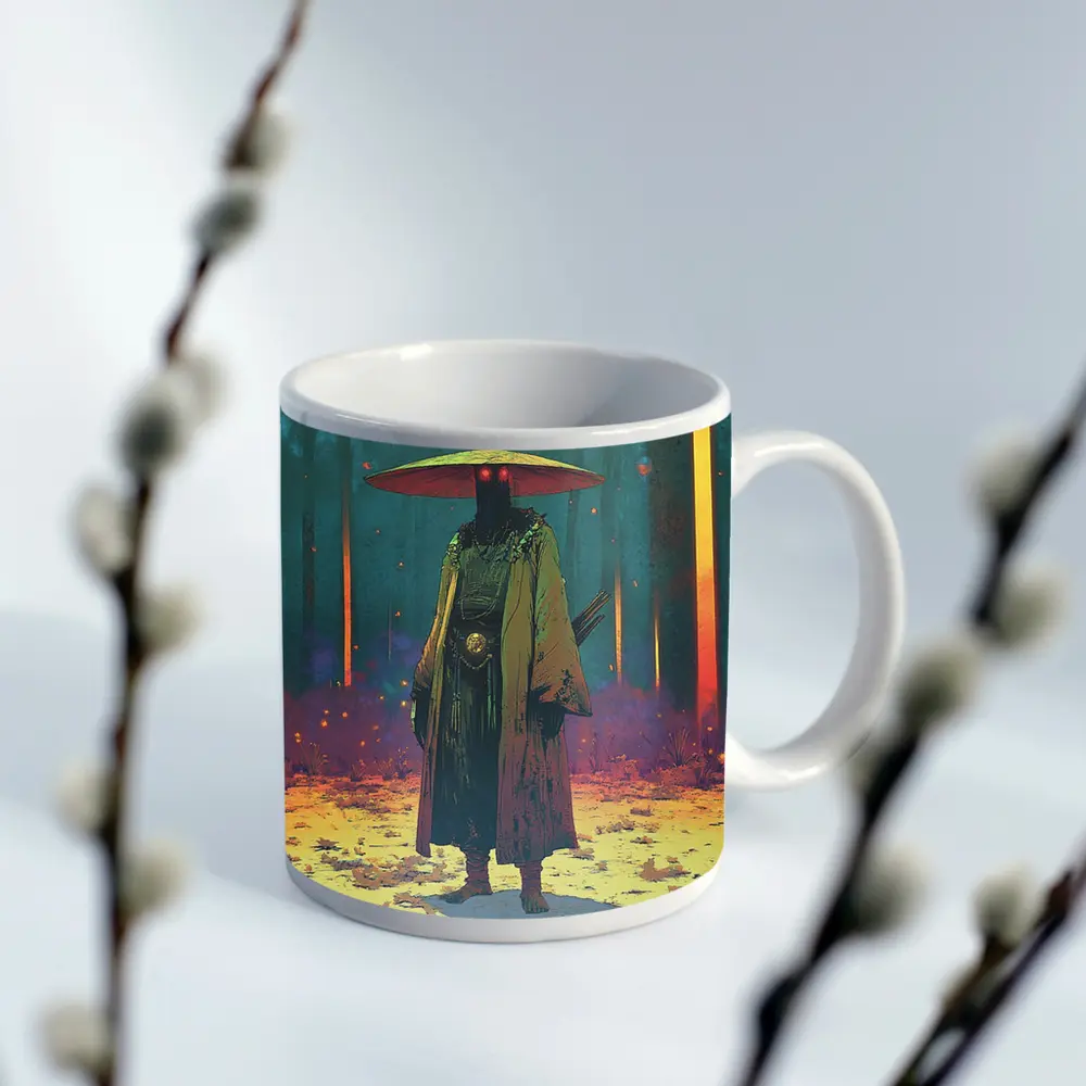 Dark Samurai Figure Glowing Forest Night – Mugs