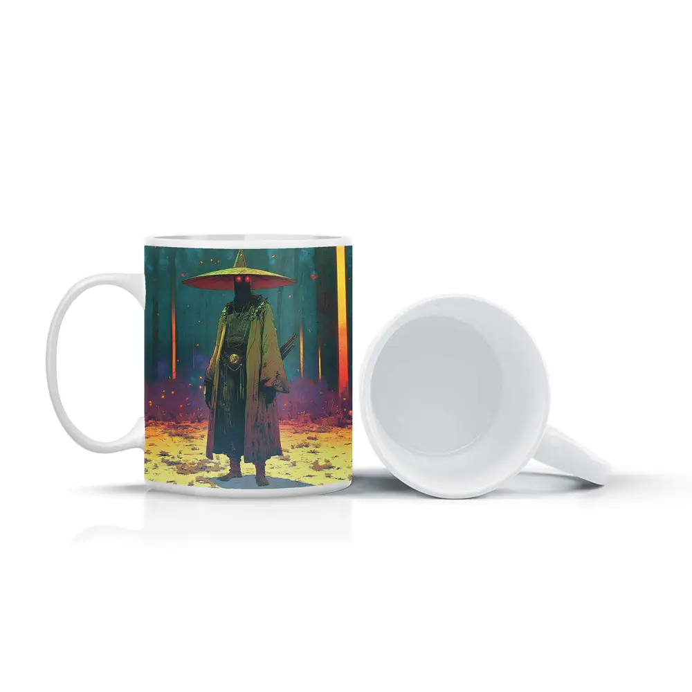 Dark Samurai Figure Glowing Forest Night – Mugs