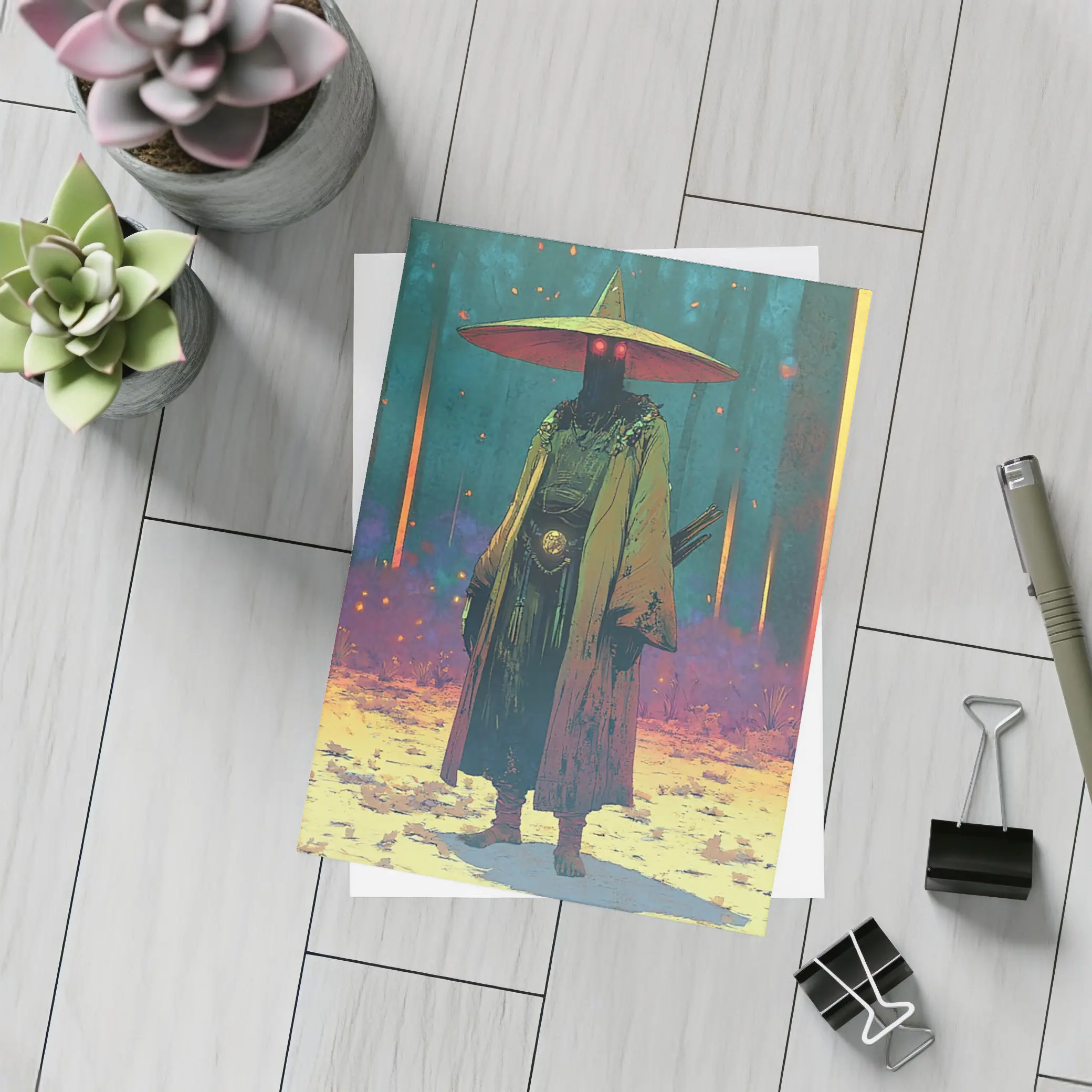 Dark Samurai Figure Glowing Forest Night – Postcards