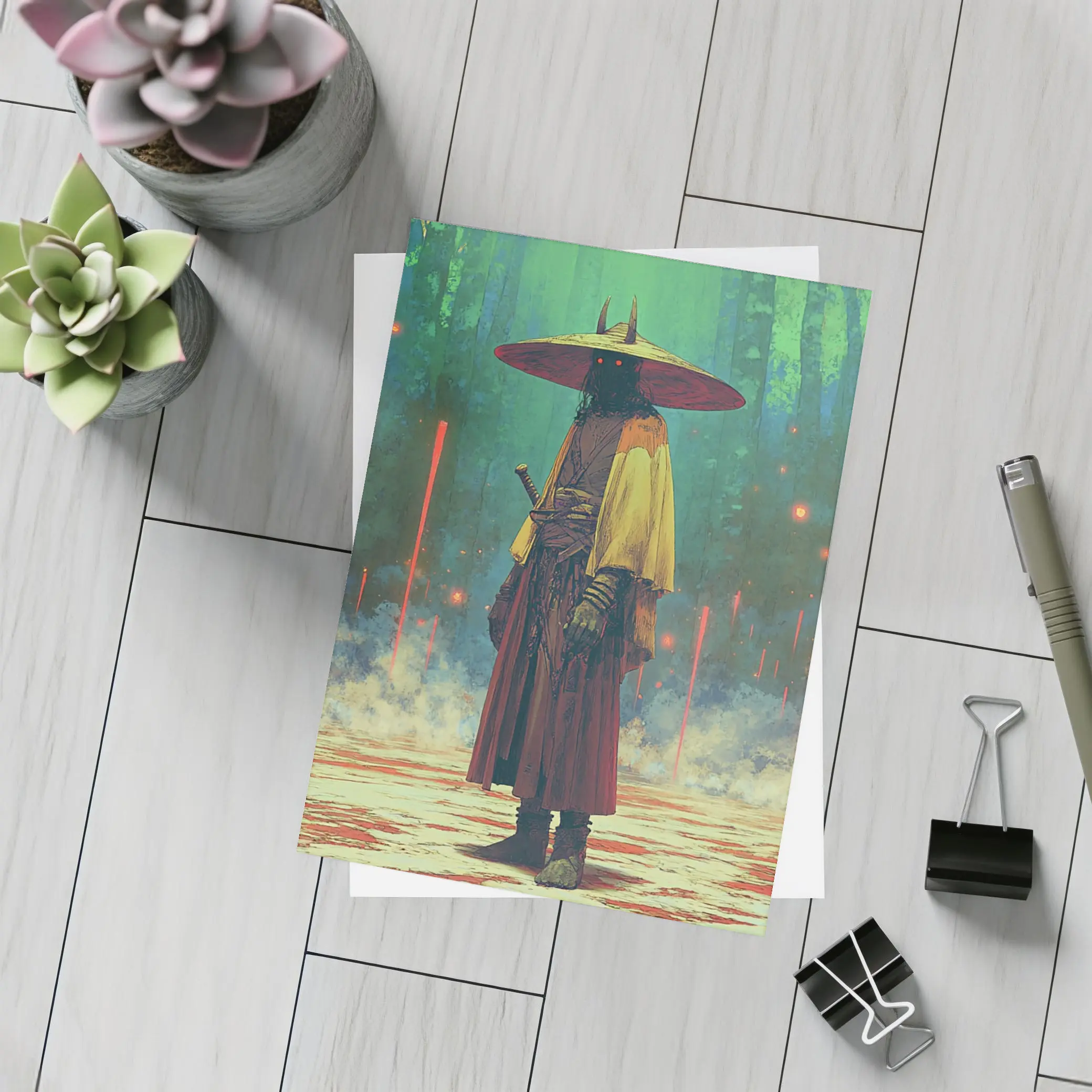 Samurai Warrior Standing In Mystical Forest – Postcards