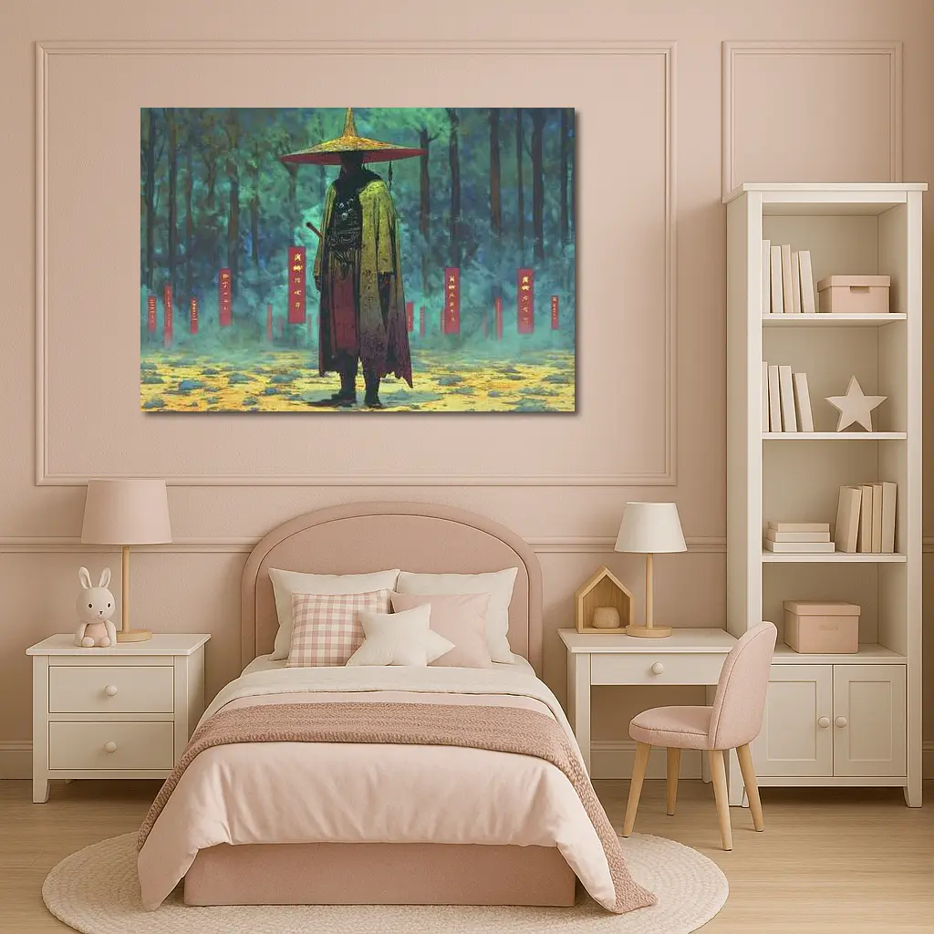 Samurai Warrior Standing in Misty Forest – Wall Art